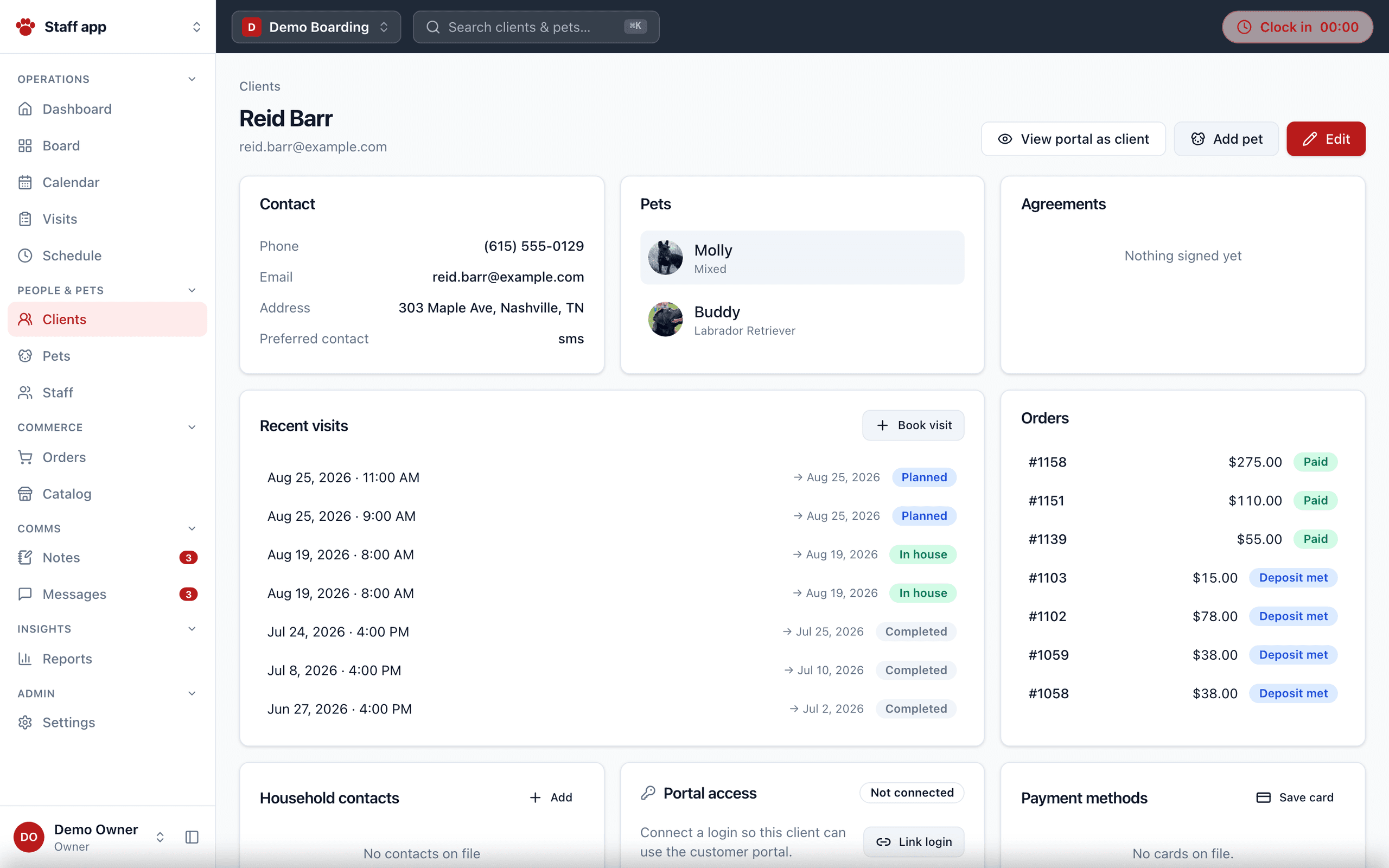 A client record with pets, visits, orders, and agreements