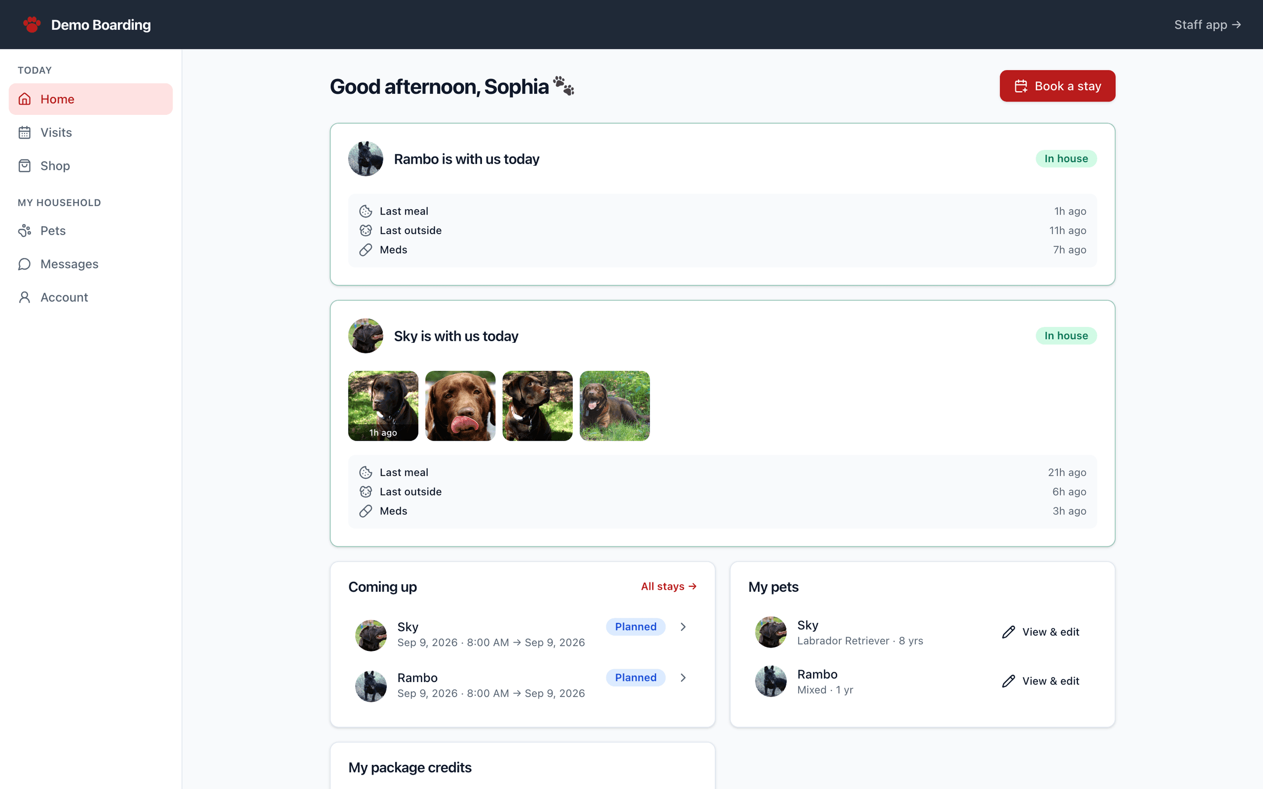 The client portal showing a dog's current stay